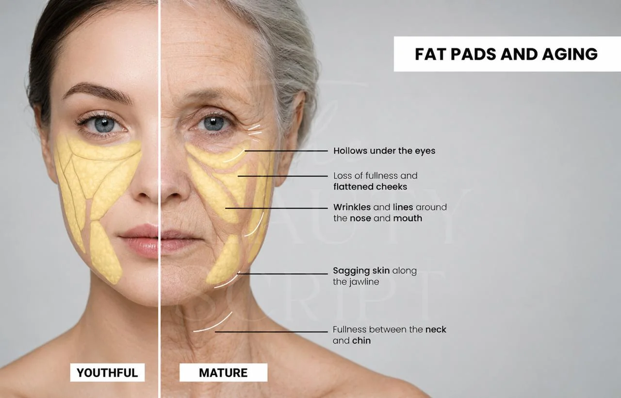 Diagram of facial fat pads showing hollows under the eyes, flattened cheeks and a softening jawline with age