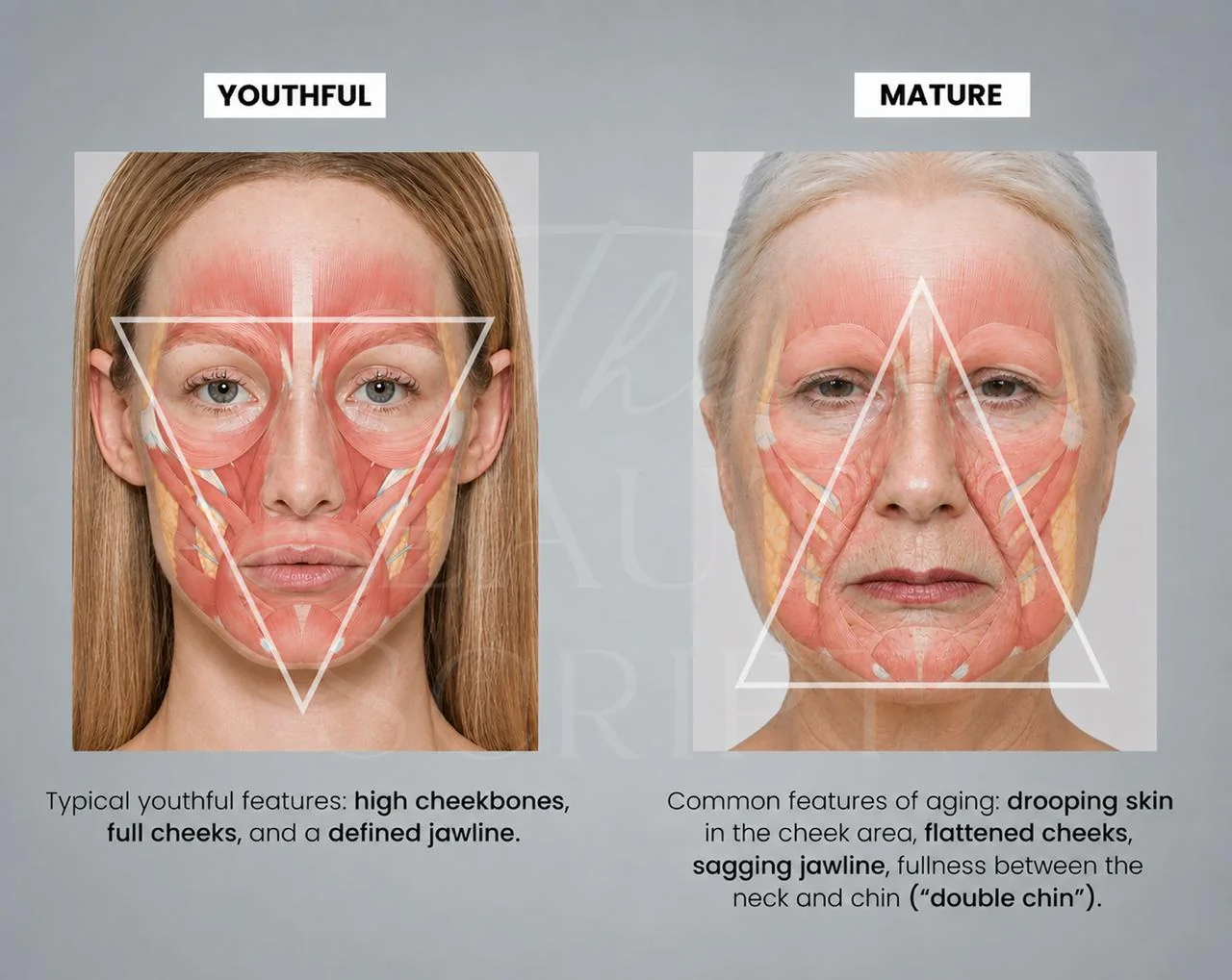 A youthful face beside a mature one, showing how facial muscle tone and volume change with age