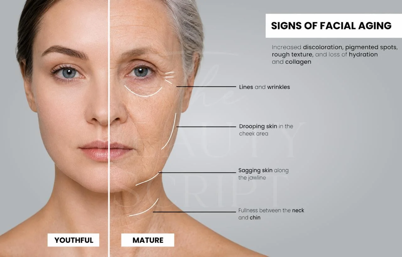 Youthful and mature face compared, labelling the visible signs of facial ageing including discolouration, lines and loss of collagen