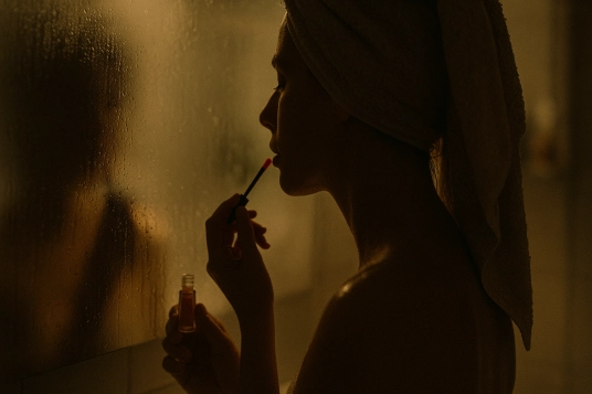 person applying tinted lip oil in front of a foggy mirror after a hot shower